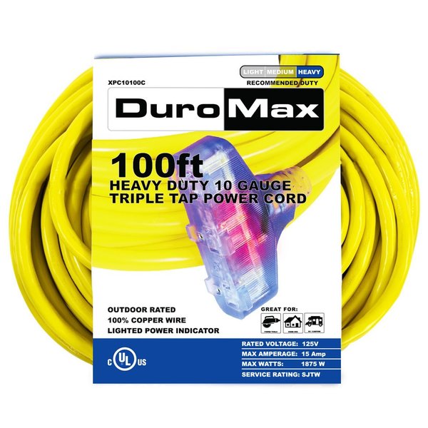 Duromax 100 ft. 10 Gauge Triple Tap 100% Copper SJTW Heavy Duty Lit Extension Power Cord XPC10100C